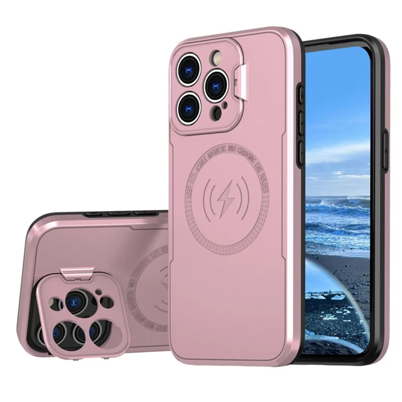 Compra a granel de Funda Magnética para iPhone 15 Pro Max con Protector de Lente y Soporte Plegable - Carcasa Trasera de PC + TPU - Oro Rosa
