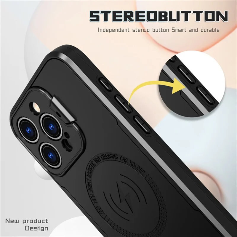 Compra a granel de Funda Magnética para iPhone 15 Pro Max con Protector de Lente y Soporte Plegable - Carcasa Trasera de PC + TPU - Oro Rosa
