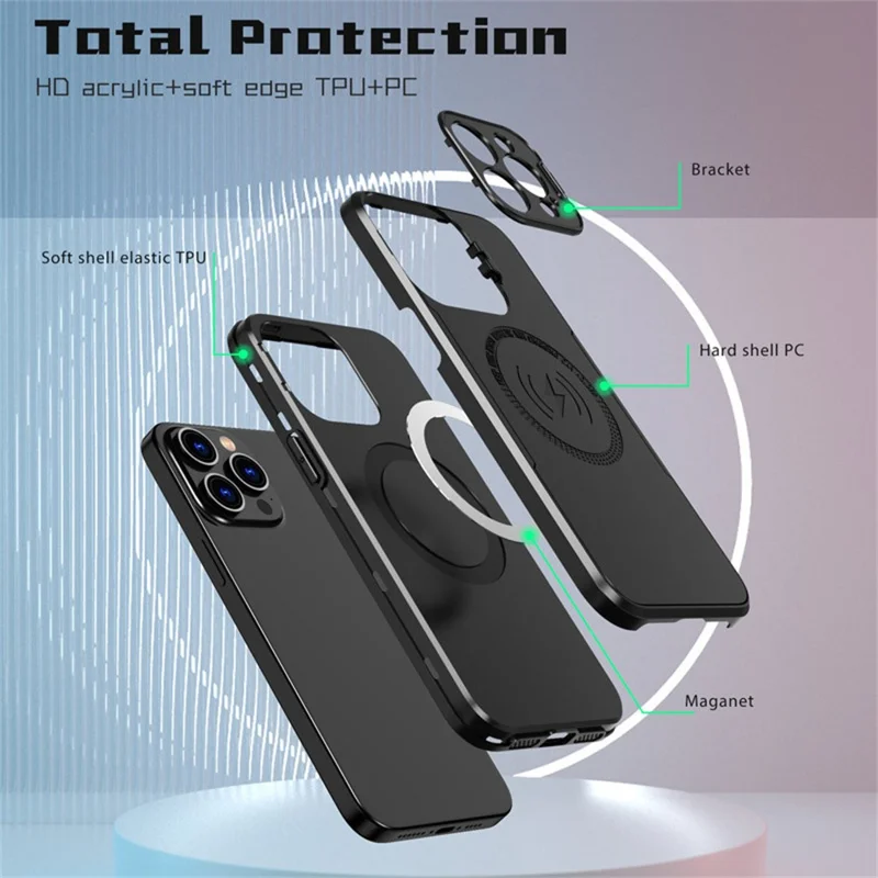 Compra a granel de Funda Magnética para iPhone 15 Pro Max con Protector de Lente y Soporte Plegable - Carcasa Trasera de PC + TPU - Oro Rosa