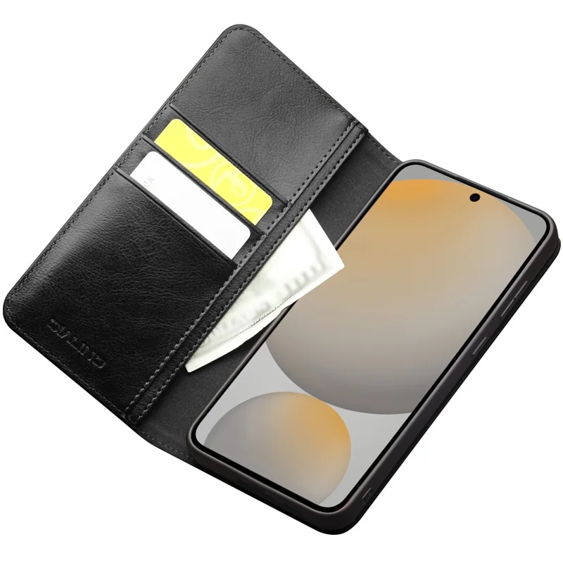 Funda Tipo Billetera QIALINO para Samsung Galaxy S25 FE Soporte Piel de Vaca Genuina Negra