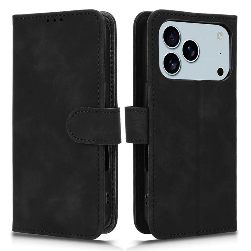 Voor iPhone 17 Pro Leren Hoesje Huidgevoel Anti-val Portemonnee Flip Telefoonhoes - Zwart