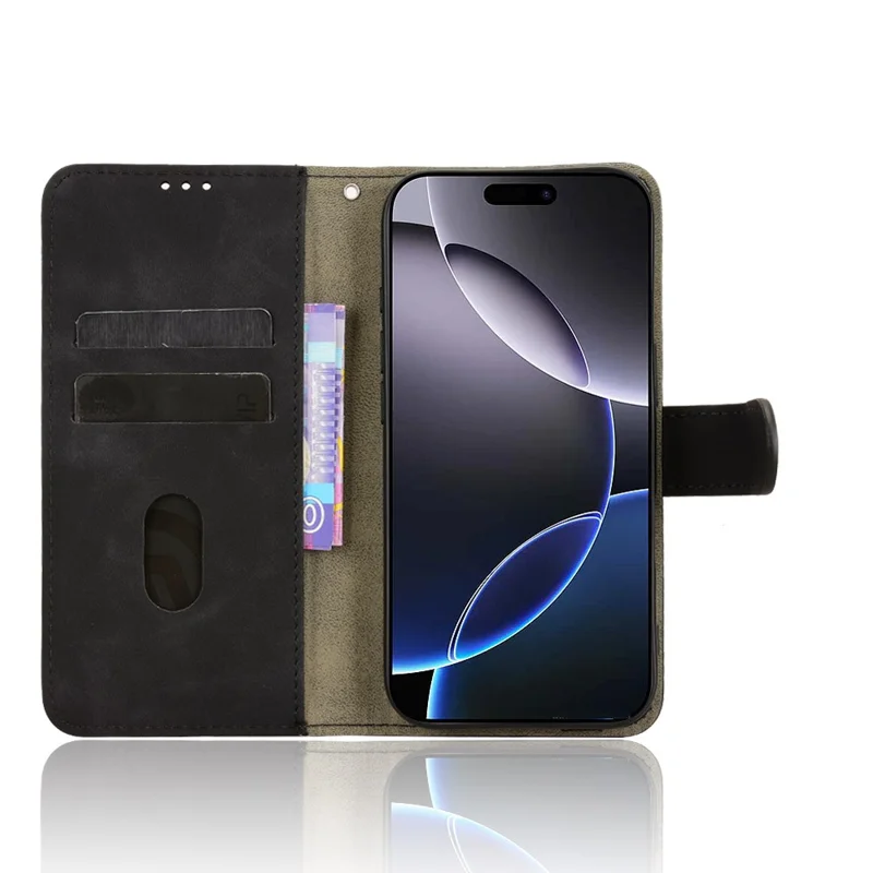 Voor iPhone 17 Pro Leren Hoesje Huidgevoel Anti-val Portemonnee Flip Telefoonhoes - Zwart