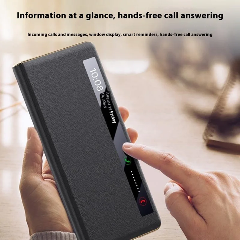 Hülle für Honor Magic V5 5G Smart View Fenster Leder Handyhülle mit Metall-Objektiv-Ständer - Schwarz