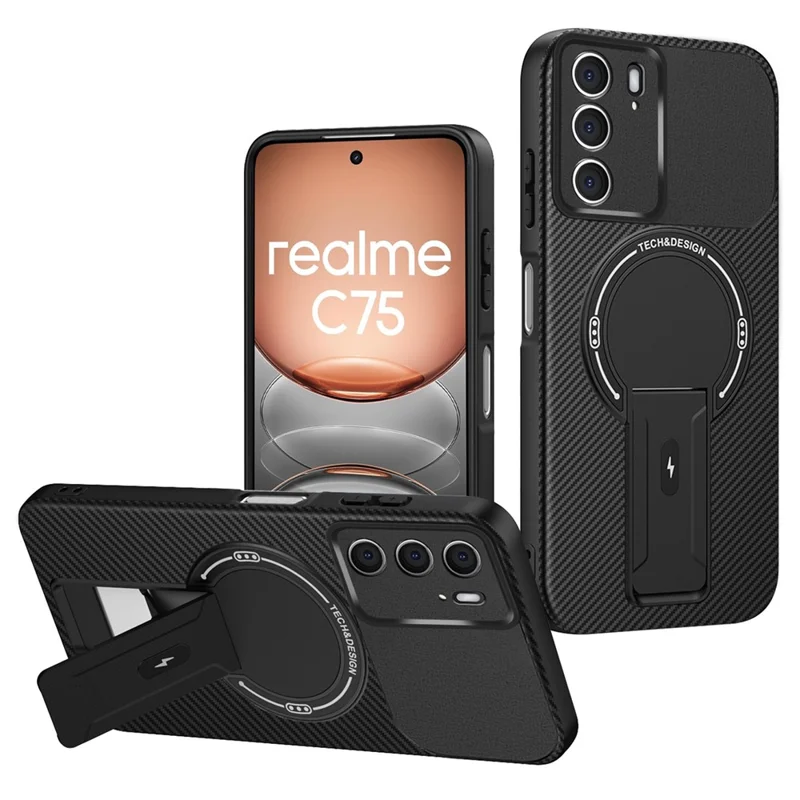 For Realme C75 4G Case with Kickstand Carbon Fiber Texture PC + TPU Phone Cover - Black