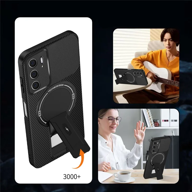 For Realme C75 4G Case with Kickstand Carbon Fiber Texture PC + TPU Phone Cover - Black