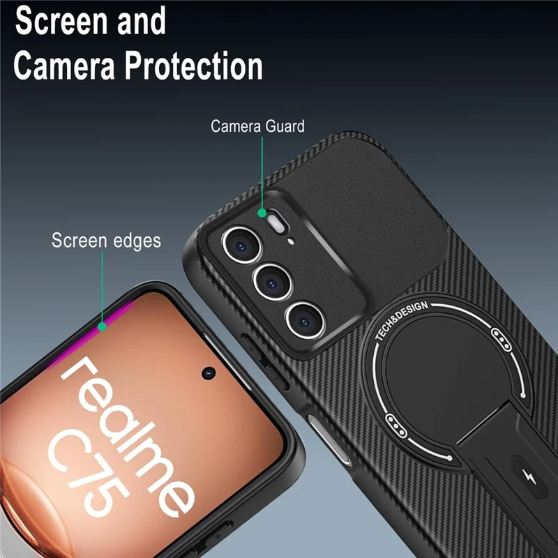 For Realme C75 4G Case with Kickstand Carbon Fiber Texture PC + TPU Phone Cover - Black