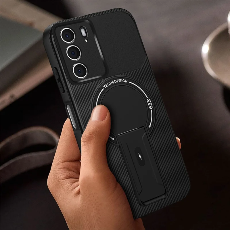 For Realme C75 4G Case with Kickstand Carbon Fiber Texture PC + TPU Phone Cover - Black