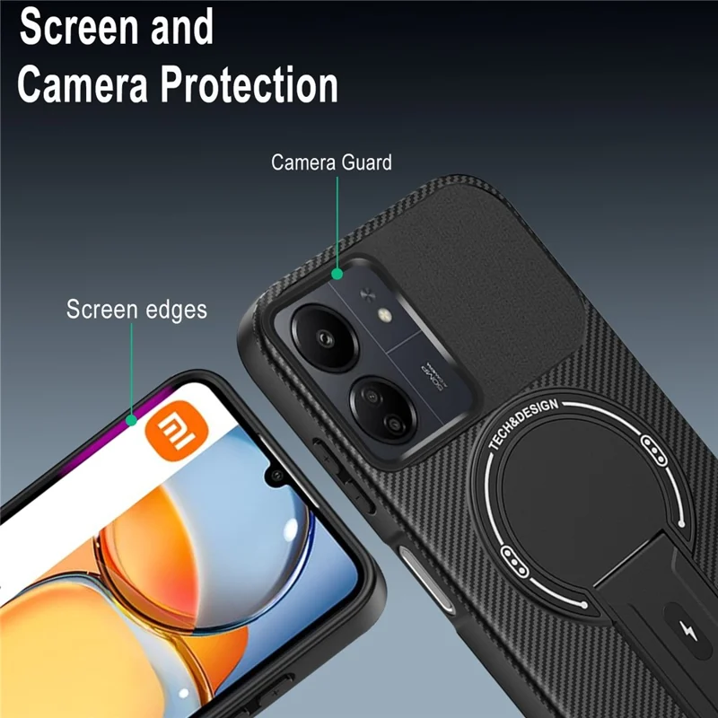 Funda para Xiaomi Redmi 13C 4G / Poco C65 4G con Soporte, Textura de Fibra de Carbono, Carcasa de PC + TPU para Móvil - Negro