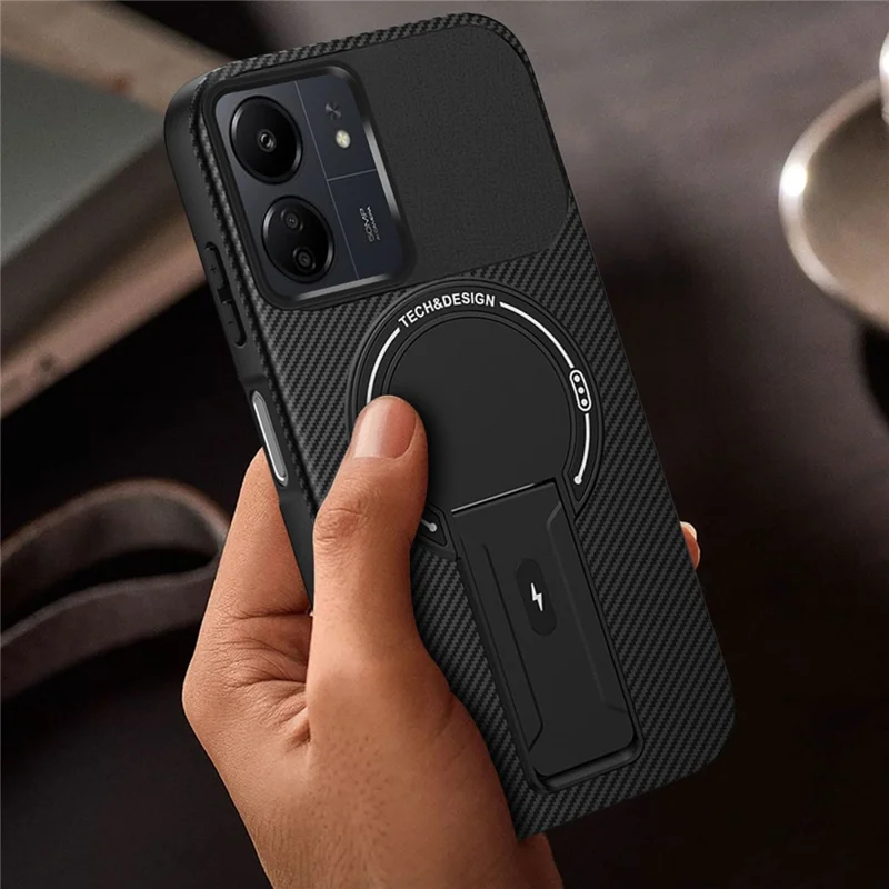 Funda para Xiaomi Redmi 13C 4G / Poco C65 4G con Soporte, Textura de Fibra de Carbono, Carcasa de PC + TPU para Móvil - Negro