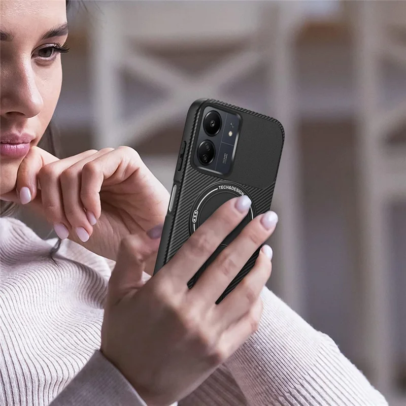 Funda para Xiaomi Redmi 13C 4G / Poco C65 4G con Soporte, Textura de Fibra de Carbono, Carcasa de PC + TPU para Móvil - Negro
