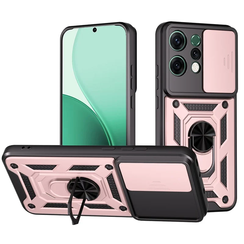 AMORUS For Oppo Reno14 5G (Global) Case Kickstand PC + TPU Phone Cover with Camera Lens Slider - Rose Gold