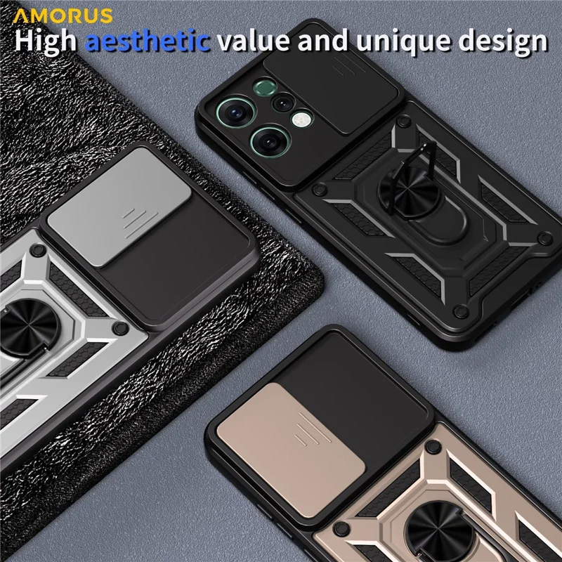 AMORUS For Oppo Reno14 5G (Global) Case Kickstand PC + TPU Phone Cover with Camera Lens Slider - Rose Gold