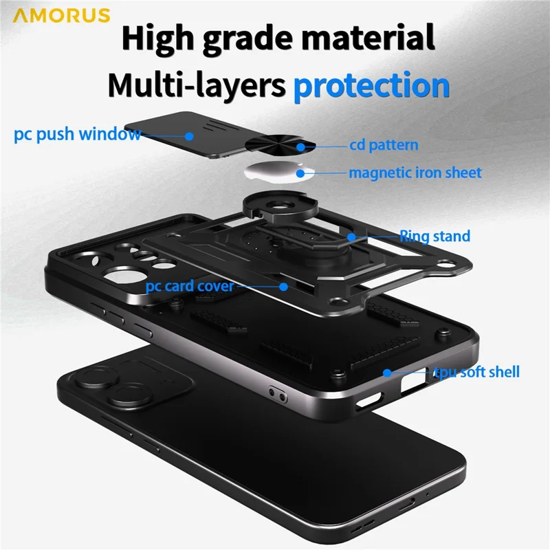 AMORUS For Oppo Reno14 5G (Global) Case Kickstand PC + TPU Phone Cover with Camera Lens Slider - Rose Gold