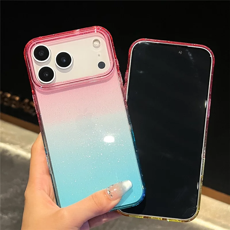 Für iPhone 17 Pro Max Hülle Transparenter Glitzer Zweifarbig PC + TPU Handyhülle - Pink / Himmelblau
