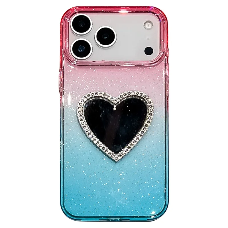 Capa para iPhone 17 Pro com Glitter Dual Color PC + TPU Transparente com Espelho em Formato de Coração - Rosa / Azul Céu