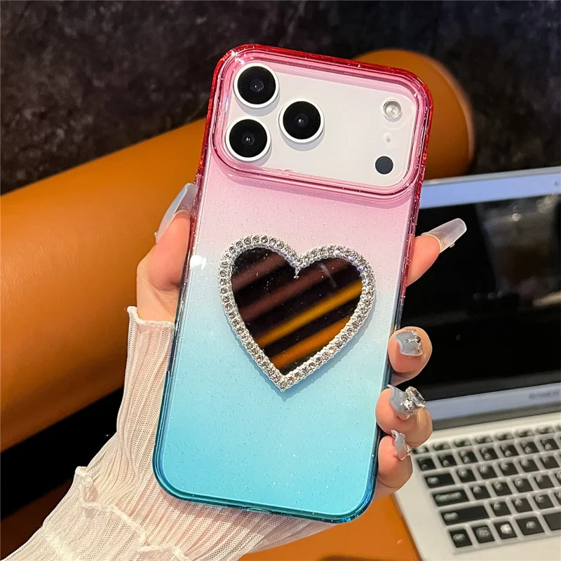 Capa para iPhone 17 Pro com Glitter Dual Color PC + TPU Transparente com Espelho em Formato de Coração - Rosa / Azul Céu