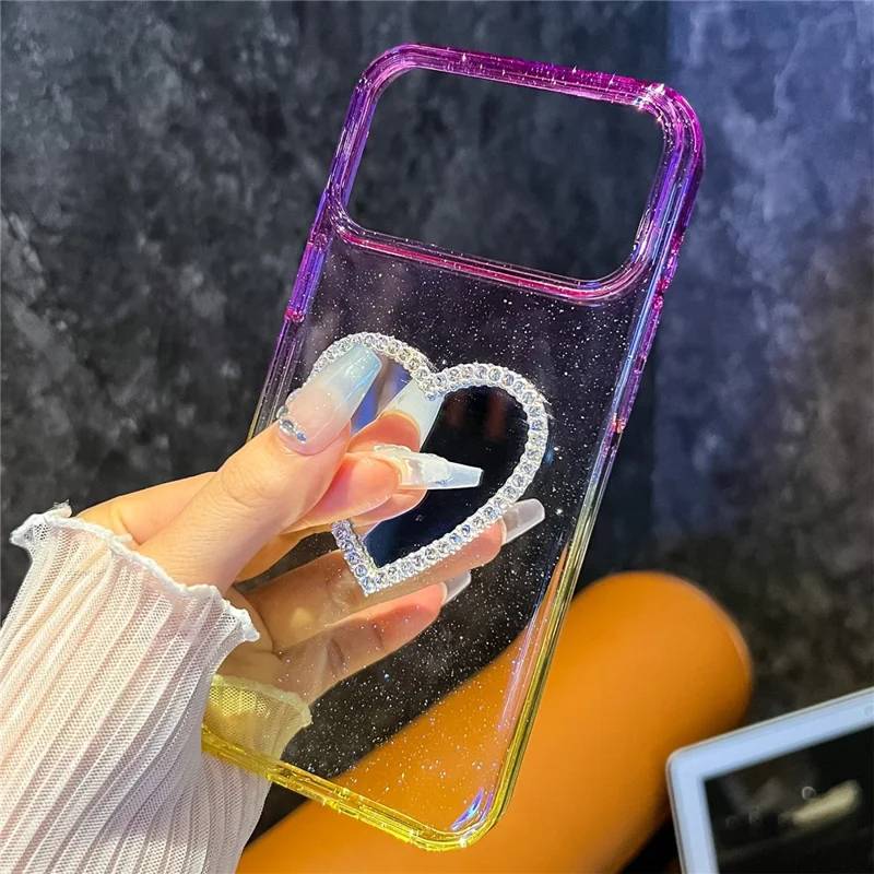 Capa para iPhone 17 Pro com Glitter Dual Color PC + TPU Transparente com Espelho em Formato de Coração - Rosa / Azul Céu