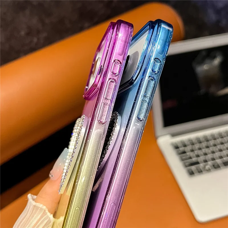 Capa para iPhone 17 Pro com Glitter Dual Color PC + TPU Transparente com Espelho em Formato de Coração - Rosa / Azul Céu