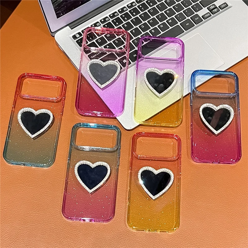 Capa para iPhone 17 Pro com Glitter Dual Color PC + TPU Transparente com Espelho em Formato de Coração - Rosa / Azul Céu