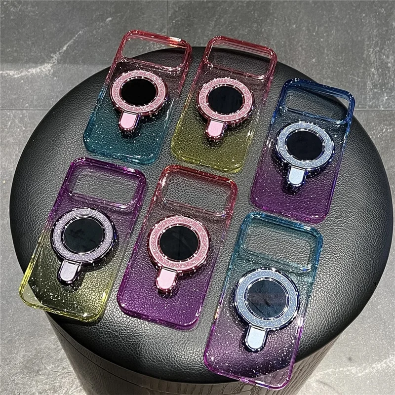 Capa para iPhone 17 Pro com Glitter PC + TPU Espelho Transparente com Suporte e Compatível com MagSafe - Roxo / Amarelo