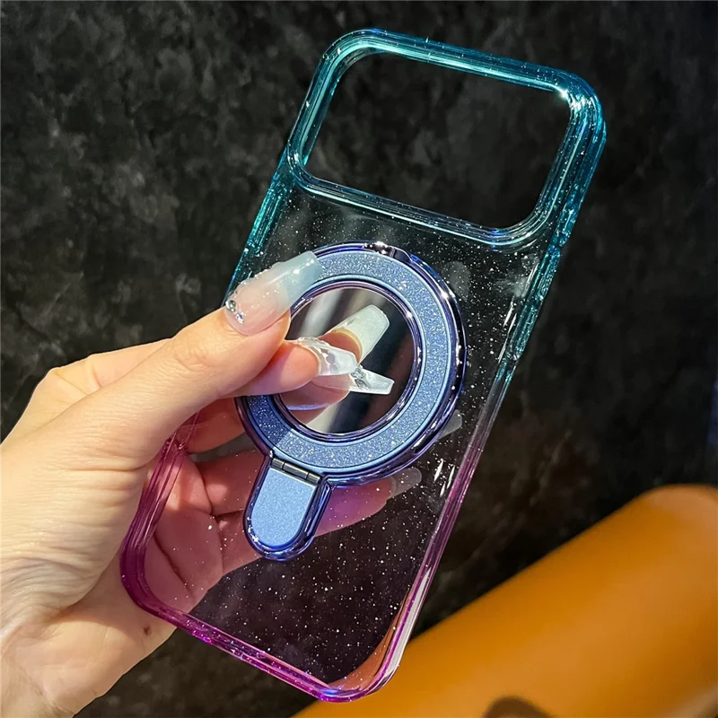 Capa para iPhone 17 Pro com Glitter PC + TPU Espelho Transparente com Suporte e Compatível com MagSafe - Roxo / Amarelo