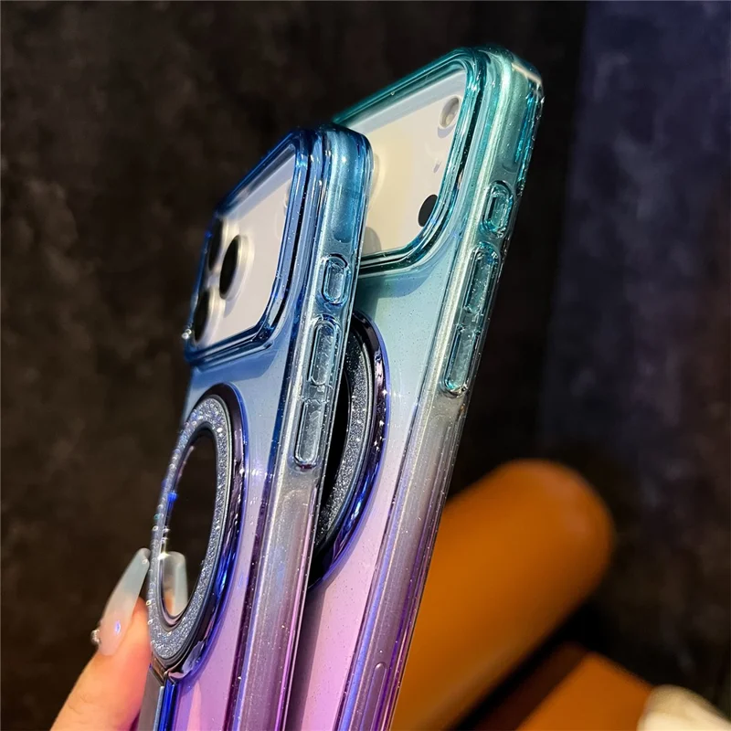 Capa para iPhone 17 Pro com Glitter PC + TPU Espelho Transparente com Suporte e Compatível com MagSafe - Roxo / Amarelo