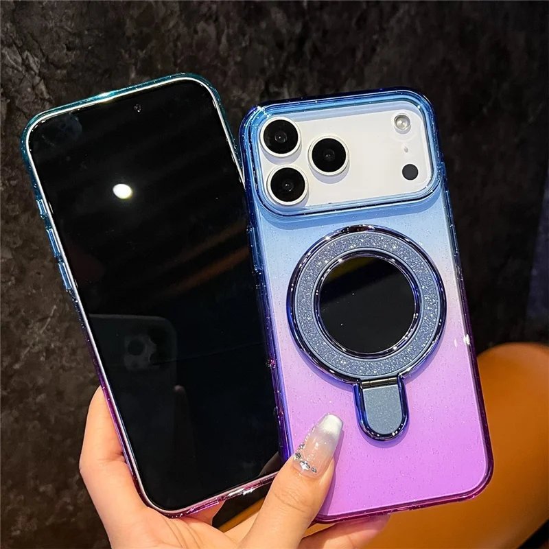 Custodia per iPhone 17 Pro Max Glitter PC + TPU Specchio Trasparente Supporto con Compatibile con MagSafe - Viola / Giallo