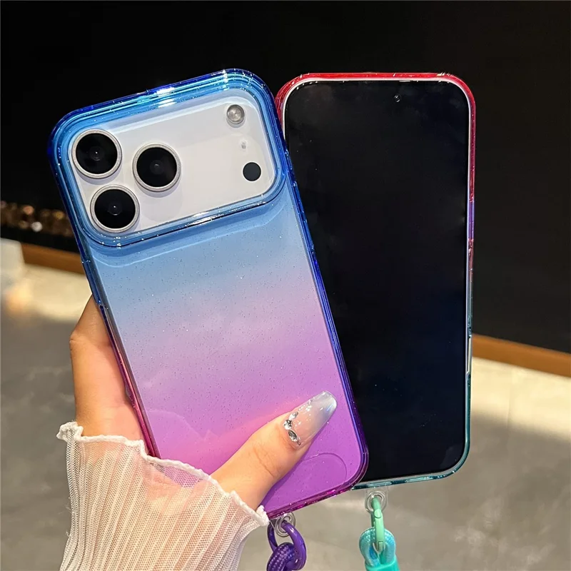 Étui Glitter Bicolore pour iPhone 17 Pro - Coque de téléphone transparente en PC + TPU avec Dragonne - Bleu / Violet