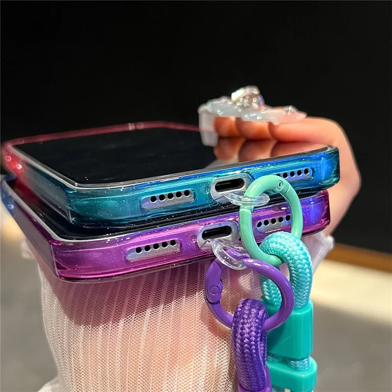 Étui Glitter Bicolore pour iPhone 17 Pro - Coque de téléphone transparente en PC + TPU avec Dragonne - Bleu / Violet