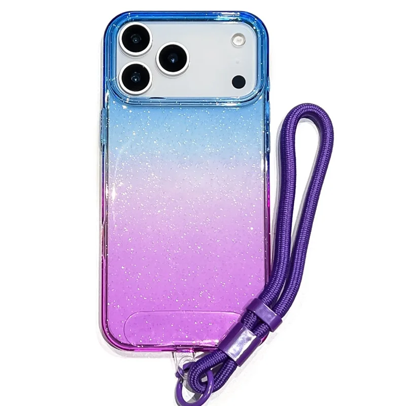 Capa para iPhone 17 Pro Max Glitter Dupla Cor PC + TPU Transparente com Alça de Mão - Azul / Roxo