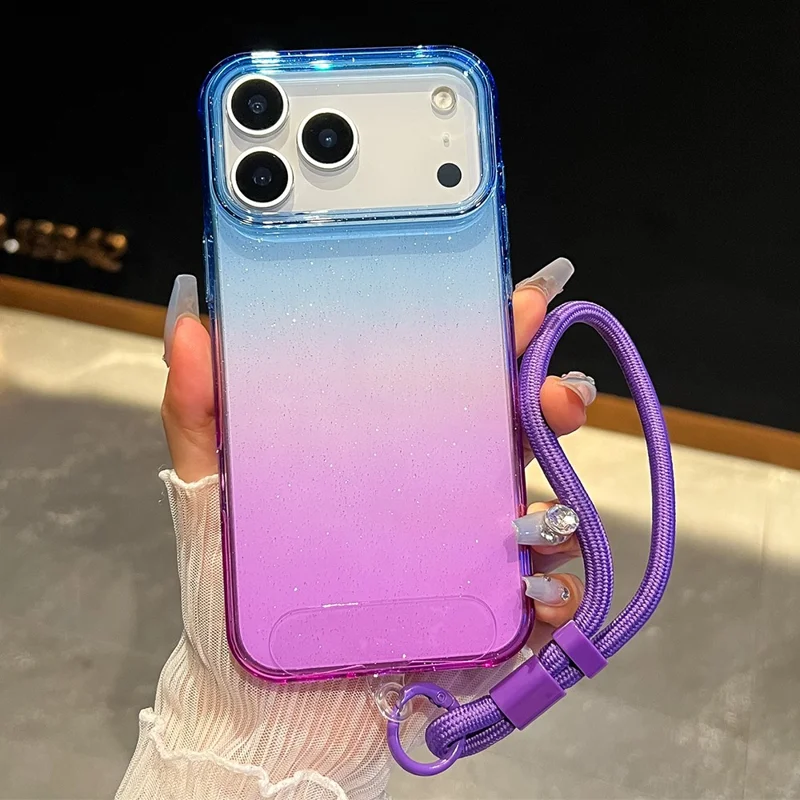 Capa para iPhone 17 Pro Max Glitter Dupla Cor PC + TPU Transparente com Alça de Mão - Azul / Roxo