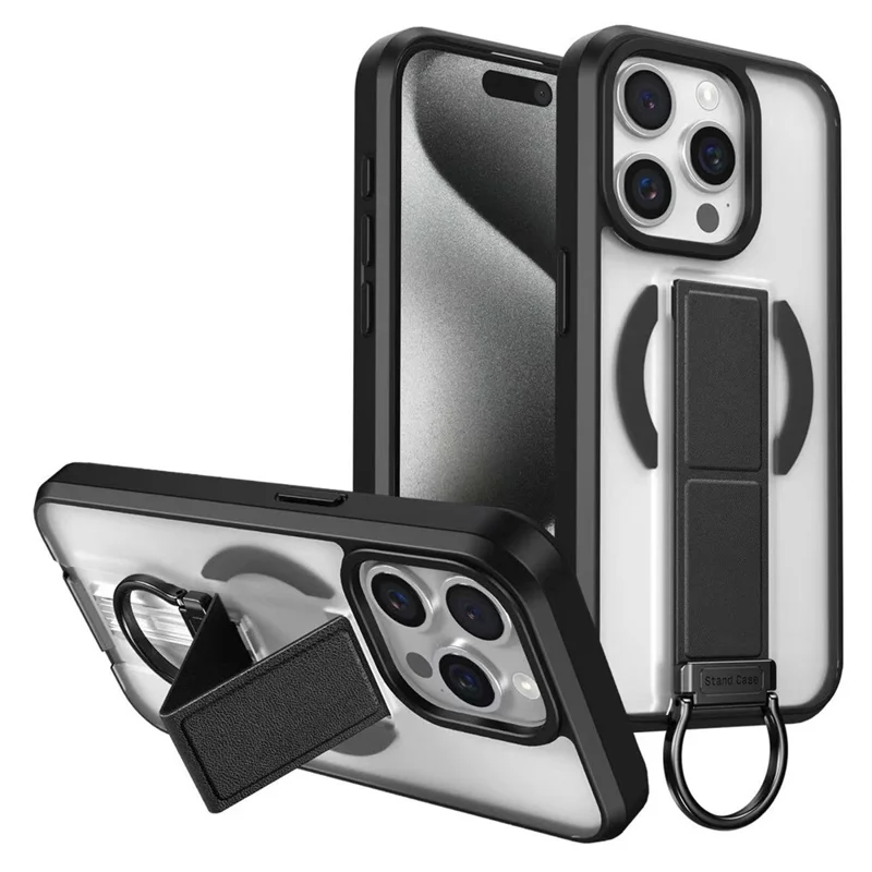 Für iPhone 15 Pro Magnetische Hülle mit Aufstellbügel / Ringhalter TPU + PC Handy-Rückseite - Schwarz