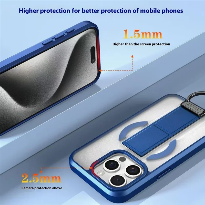 For iPhone 15 Pro Magnetic Case with Folding Kickstand / Ring Holder TPU + PC Phone Back Cover - Blue