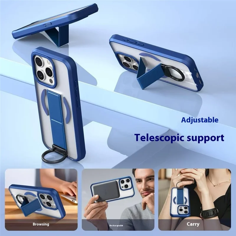 For iPhone 15 Pro Magnetic Case with Folding Kickstand / Ring Holder TPU + PC Phone Back Cover - Blue