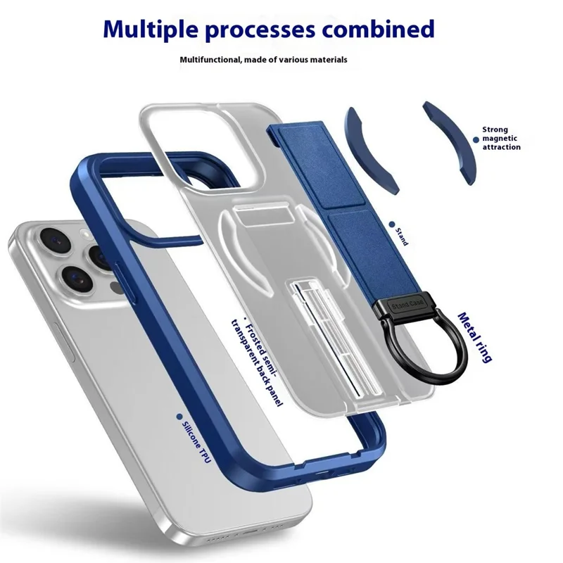 Étui magnétique pour iPhone 15 Pro Max avec support pliant / support d'anneau TPU + Housse de téléphone PC - Bleu