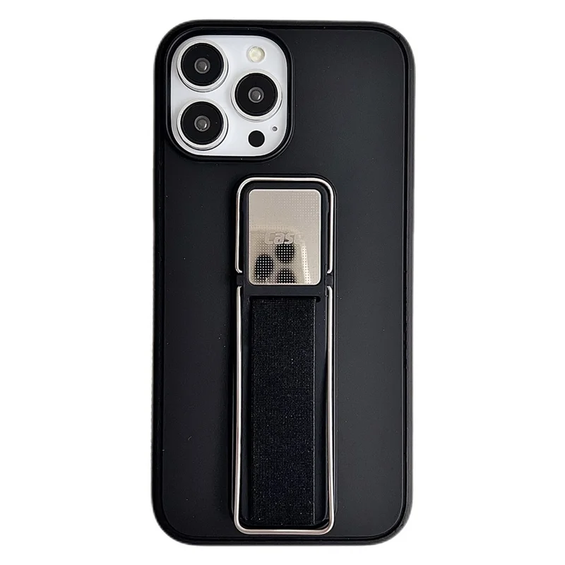 Funda para iPhone 16 Pro de TPU + PC con Soporte y Correa Elástica para Dedo - Negro