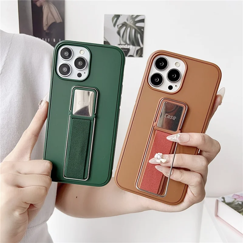 For iPhone 15 Pro Max Case TPU + PC Phone Cover with Kickstand / Elastic Finger Strap - Blue
