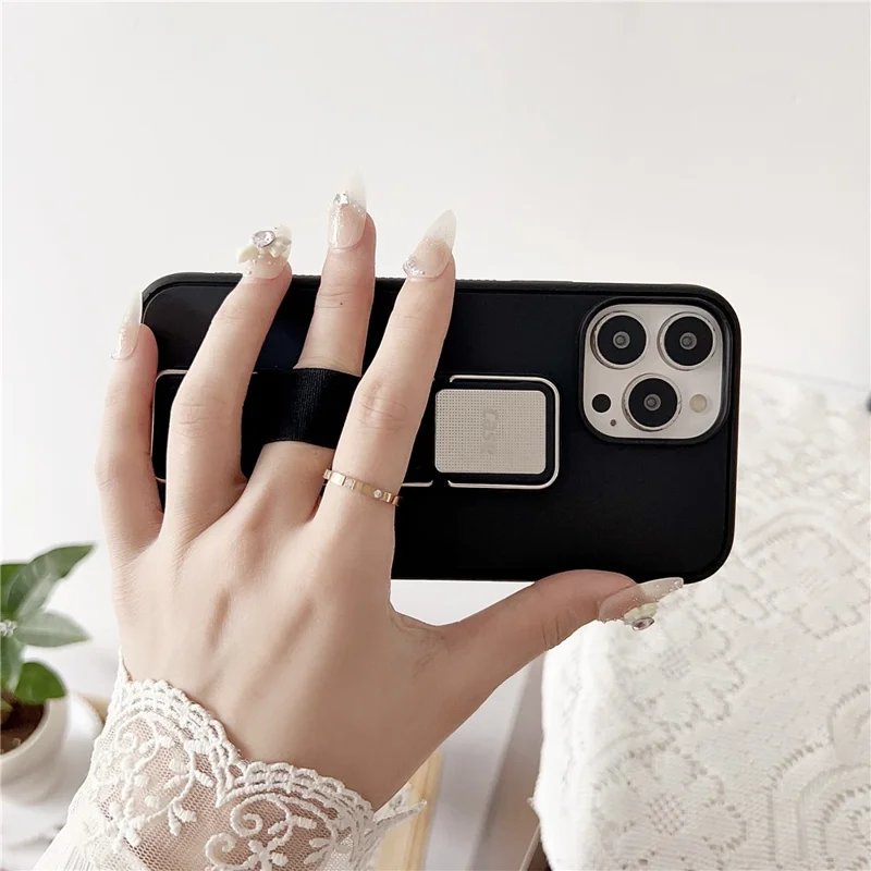 For iPhone 15 Pro Max Case TPU + PC Phone Cover with Kickstand / Elastic Finger Strap - Blue