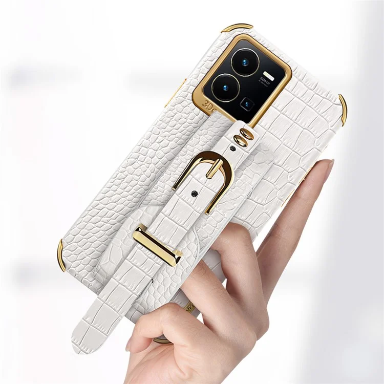For vivo Y35 Electroplating Crocodile Texture PU Leather Coated TPU Case Hand Strap Kickstand Design Protective Cover - White