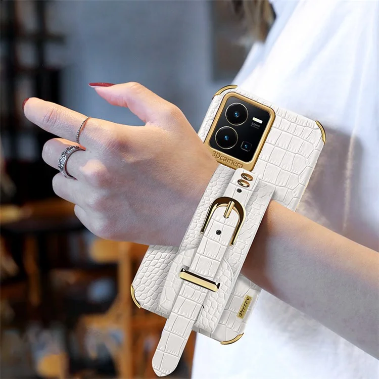 For vivo Y35 Electroplating Crocodile Texture PU Leather Coated TPU Case Hand Strap Kickstand Design Protective Cover - White