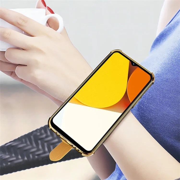 For vivo Y35 Electroplating Crocodile Texture PU Leather Coated TPU Case Hand Strap Kickstand Design Protective Cover - White
