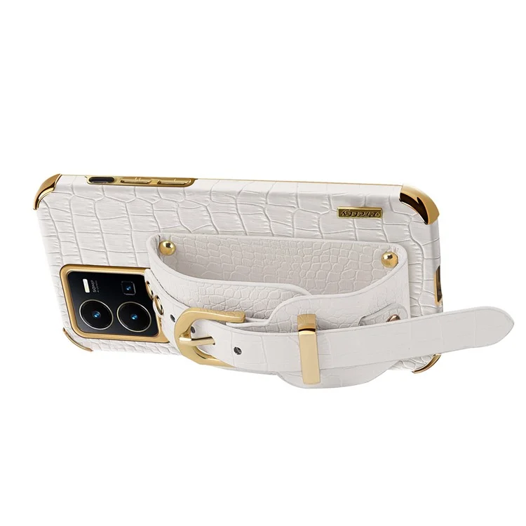 For vivo Y35 Electroplating Crocodile Texture PU Leather Coated TPU Case Hand Strap Kickstand Design Protective Cover - White