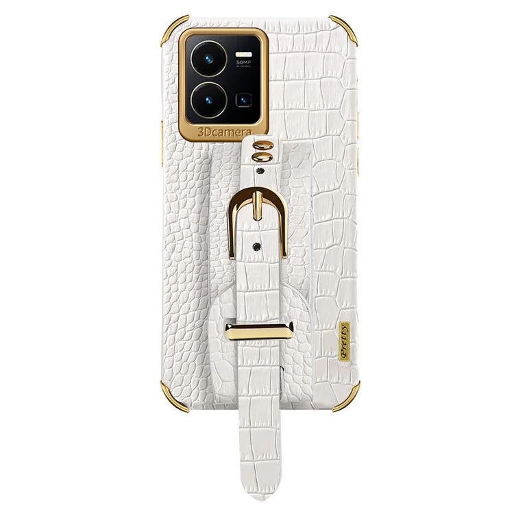 For vivo Y35 Electroplating Crocodile Texture PU Leather Coated TPU Case Hand Strap Kickstand Design Protective Cover - White