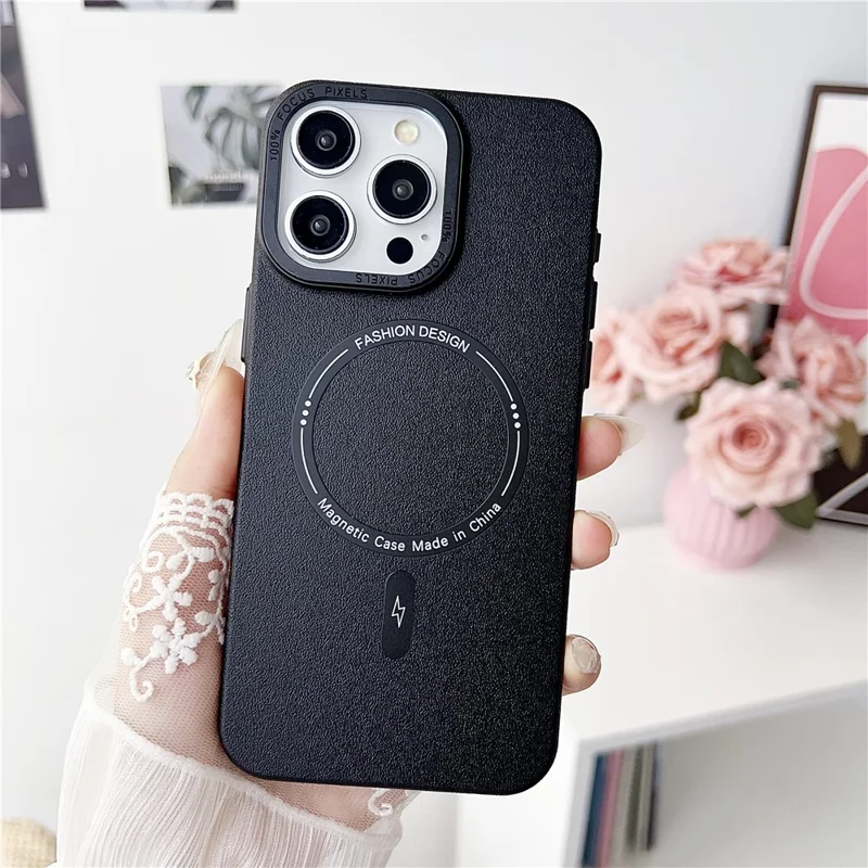 Capa Magnética para iPhone 15 Pro Max TPU + PC + PU com Moldura de Lente Metálica - Preto