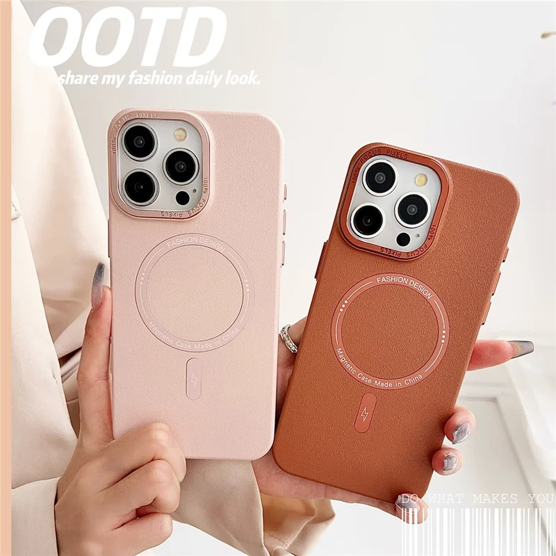 Capa Magnética para iPhone 15 Pro Max TPU + PC + PU com Moldura de Lente Metálica - Preto