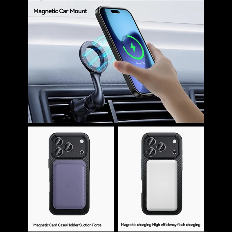 Funda SULADA para iPhone 17 Pro Compatible con MagSafe, Marco de Lente Metálico, Carcasa de Teléfono PU+TPU - Negro