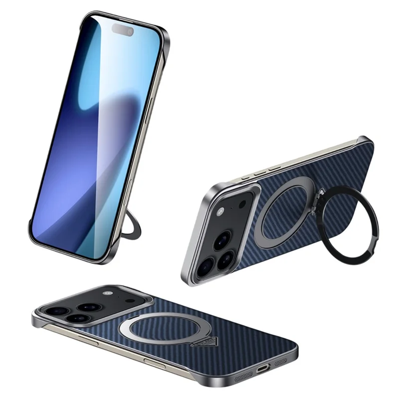 SULADA Funda para iPhone 17 Pro Compatible con MagSafe con Soporte Plegable de PU + PC con Textura de Fibra de Carbono - Azul