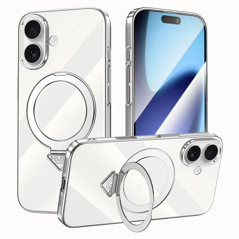 SULADA For iPhone 17 Case Compatible with MagSafe Electroplated Foldable Kickstand Clear PC Phone Cover - Titanium