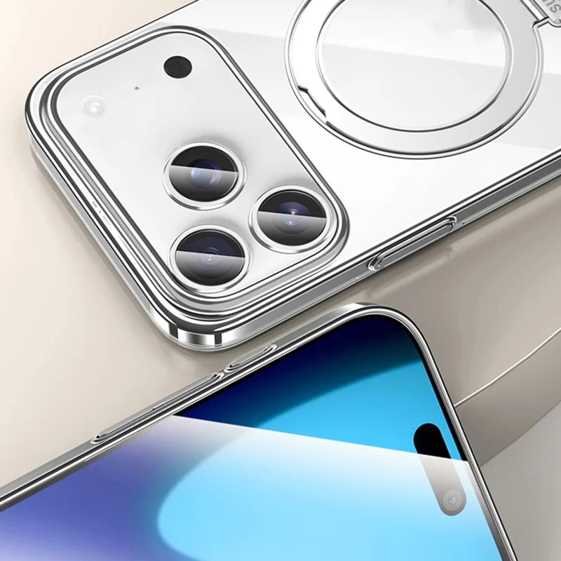 SULADA Para iPhone 17 Pro Capa Compatível com MagSafe Eletroplastificada com Suporte Dobrável Tampa de Telefone em PC Transparente - Titânio