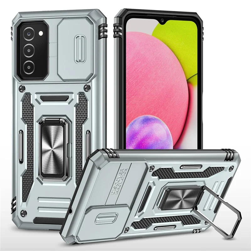For Samsung Galaxy A03s (164.2mm) Hybrid Hard PC Soft TPU Case Kickstand Back Shell with Camera Cover - Grey